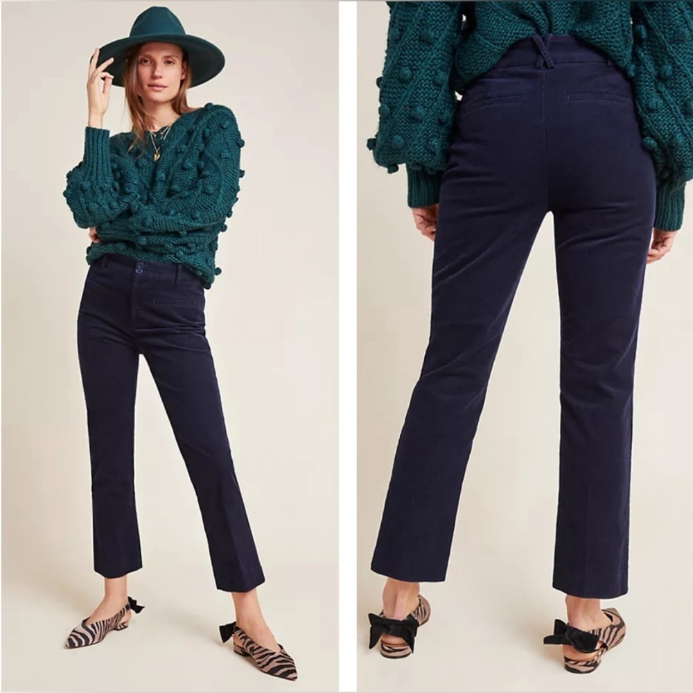 Anthropologie Women Corduroy Crop Flare Pants Blue Sz 10 Preppy Classic Office